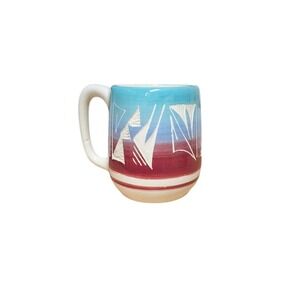 Handmade Tonalá Mexican Folk Art Pottery Sgraffito Mug Sunset Gradient Blue Red